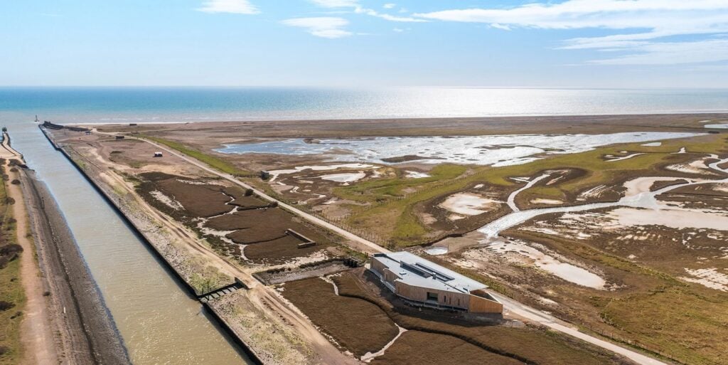Rye Harbour saltmarsh, river and sea from the air