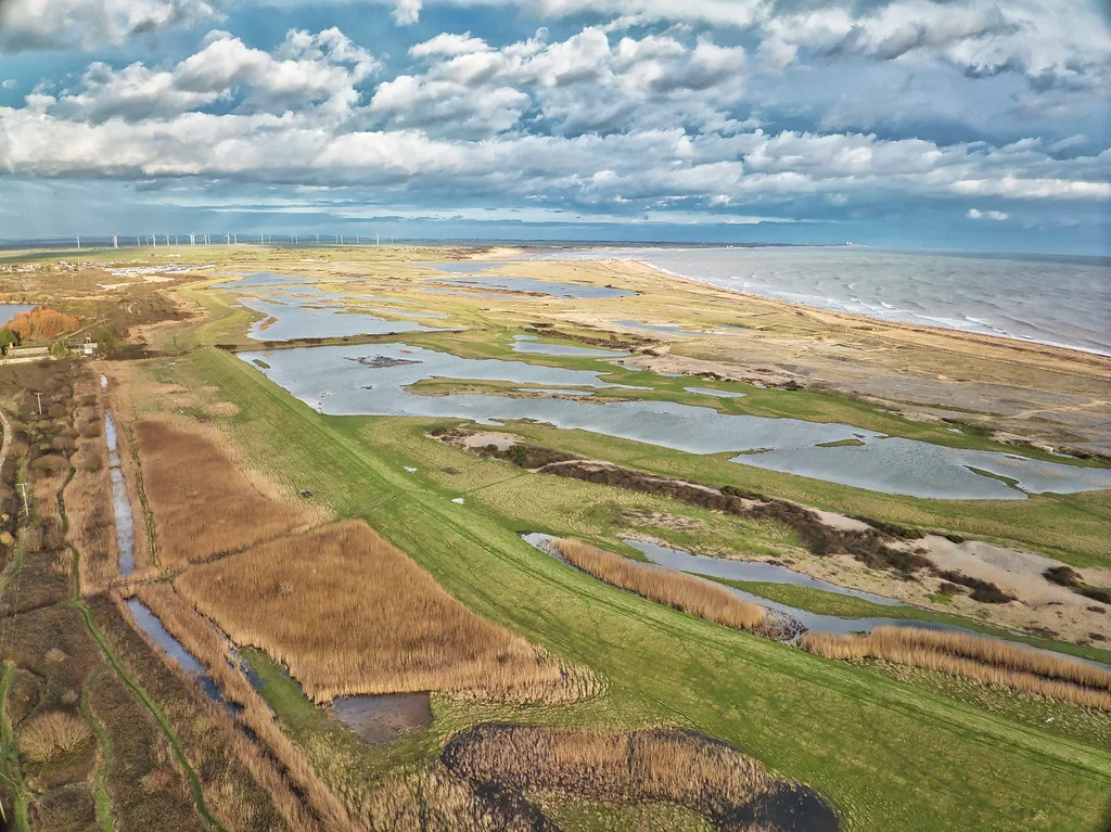 Aerial view of water and saltmarsh landscape beside sea under blue skies dotted with clouds